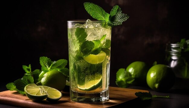 Un rinfrescante cocktail di mojito con lime a foglia di menta e agrumi generato da intelligenza artificiale