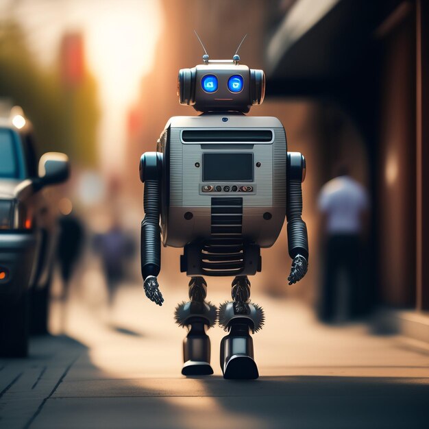 Un robot che cammina per strada con un'auto sullo sfondo.