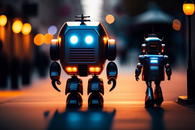 Un robot e un ragazzo camminano per strada.