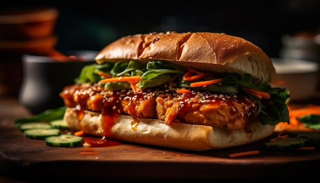 Un sandwich di pollo con verdure su una tavola di legno