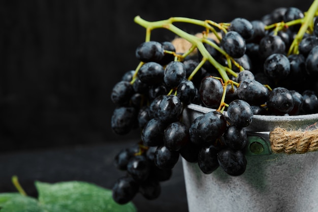 Un secchio di uva nera con foglie su sfondo scuro. Foto di alta qualità