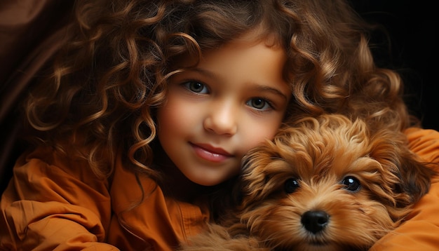 Un simpatico cagnolino e un bambino che sorridono in un ritratto generato dall'intelligenza artificiale