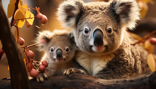 Un simpatico koala seduto su un ramo che guarda la telecamera con la pelliccia generata dall'intelligenza artificiale