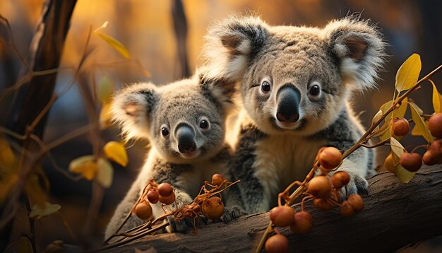 Un simpatico koala seduto sul ramo di un albero che guarda la telecamera generata dall'intelligenza artificiale