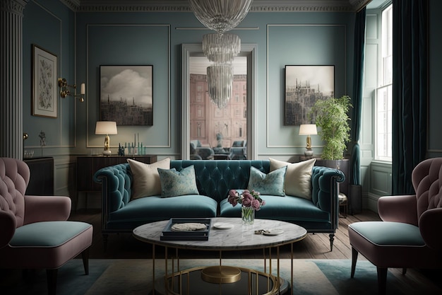 Un soggiorno con un divano blu e un tavolino con sopra un lampadario.