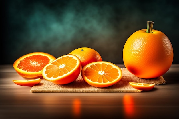 Un tavolo con arance e mezza arancia