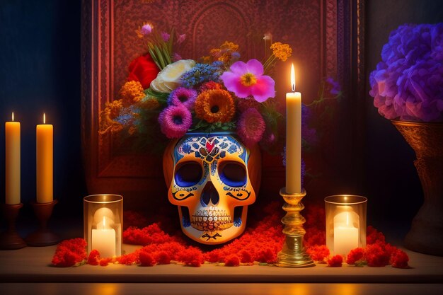 Un teschio con dei fiori sopra e una candela sullo sfondo