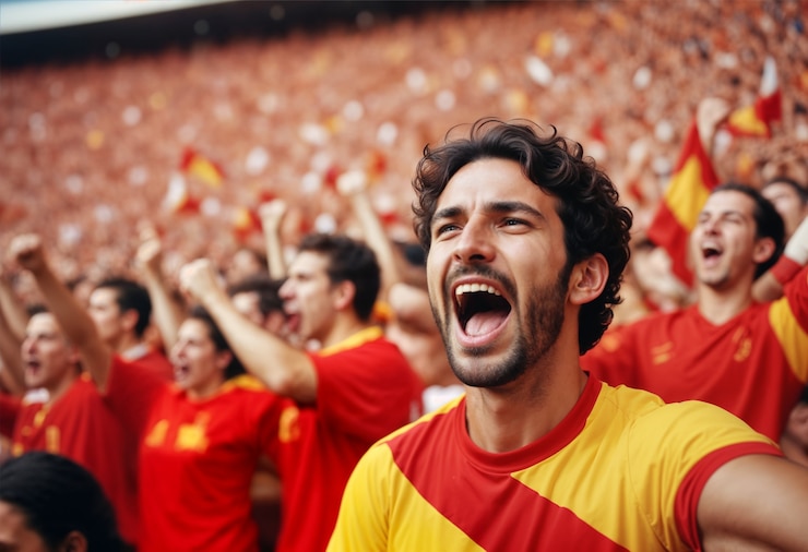 Foto gratuito un tifoso spagnolo che guarda la finale dell'euro cup
