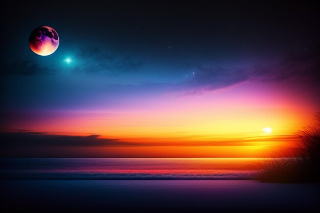 Un tramonto con un pianeta rosa e un pianeta rosa sullo sfondo.