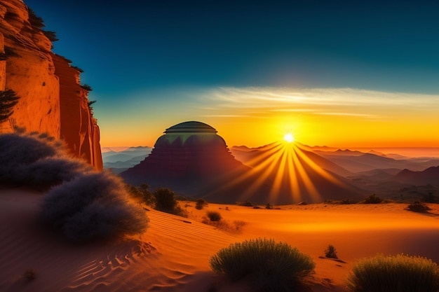 Un tramonto nel deserto con una scena desertica