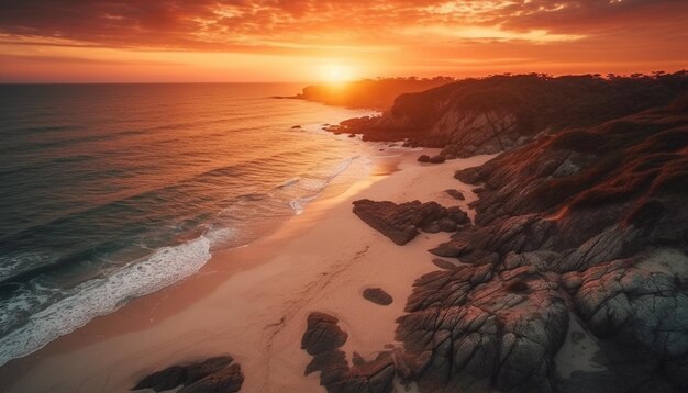 Un tramonto su una spiaggia con un tramonto dorato sullo sfondo