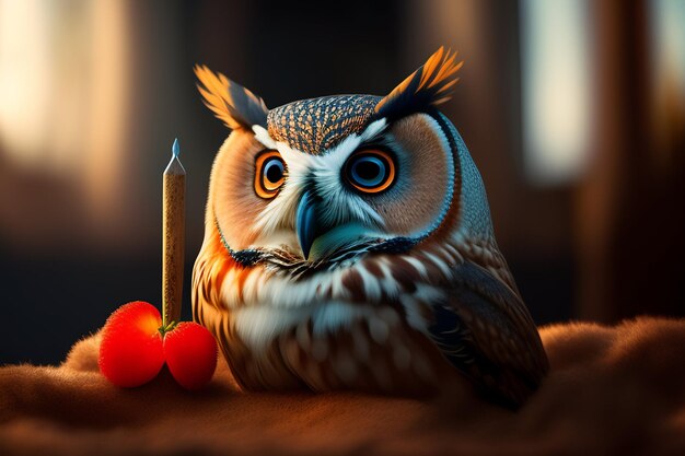 Un uccellino con sopra una candela e sopra un pomodoro rosso