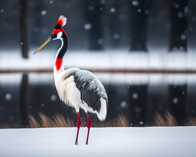 Un uccello con una testa rossa e una testa bianca si trova nella neve.