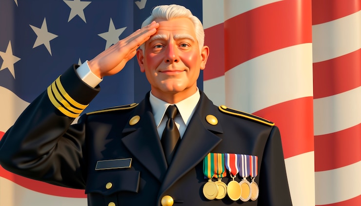 Foto gratuito un ufficiale militare saluta con la bandiera americana sullo sfondo