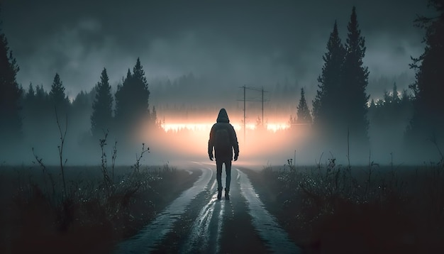 Un uomo cammina lungo la strada nella foresta nella nebbia vista dal retro Al generativo