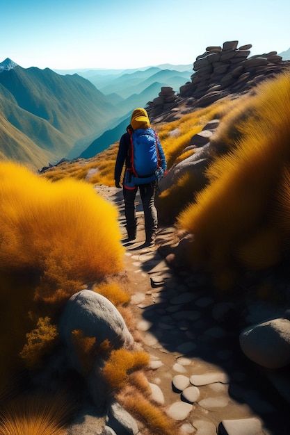 Un uomo che cammina su una montagna con uno zaino blu