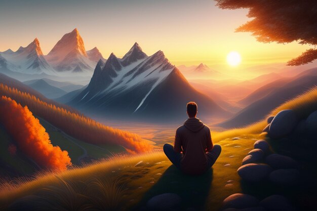 Un uomo che medita davanti a un paesaggio di montagna
