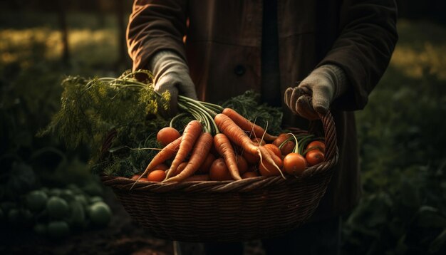 Un uomo con un cesto di verdure fresche generate dall'intelligenza artificiale