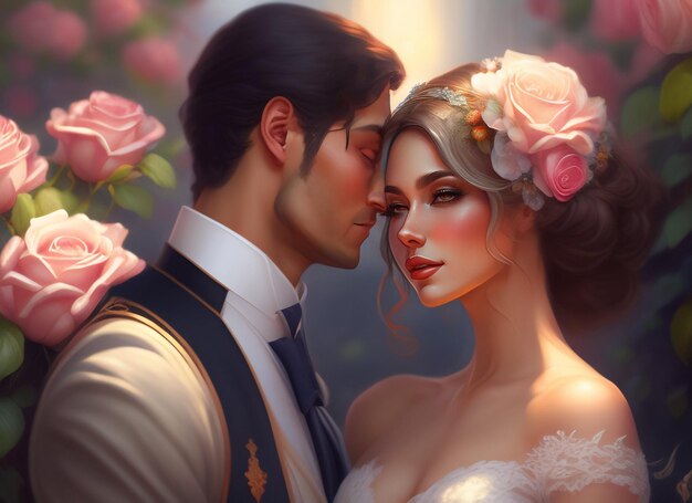 Un uomo e una donna in abito da sposa con fiori sulla fronte