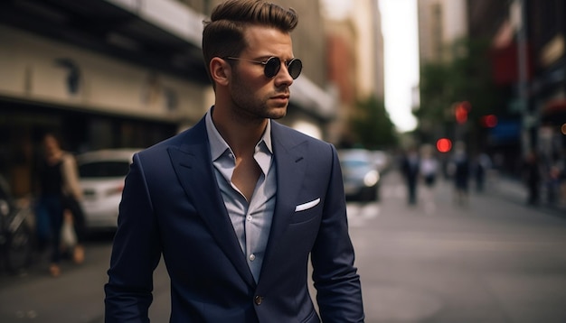 Un uomo in abito blu si trova in una strada a Sydney