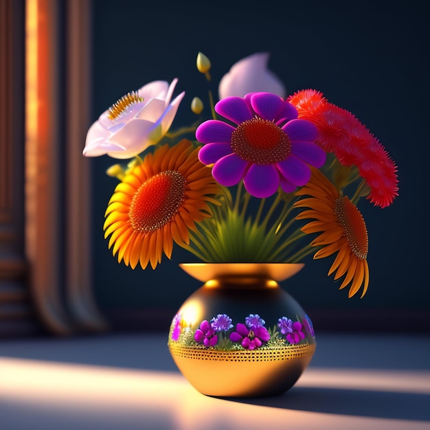 Un vaso con fiori dentro e un fiore sul fondo.
