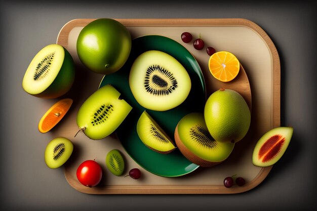 Un vassoio di frutta con un piatto verde con su scritto kiwi