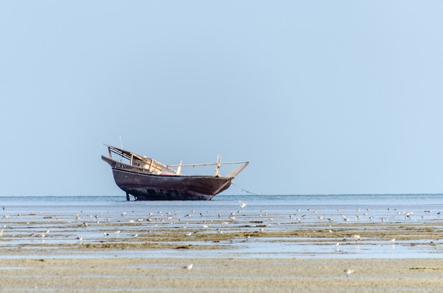 Un vecchio dhow da pesca arenato con la bassa marea in tranquille acque poco profonde