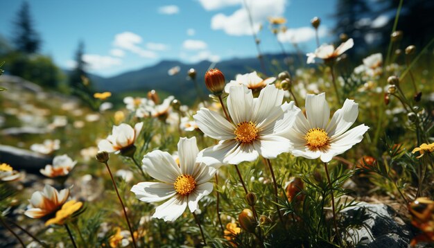 Un vibrante prato di fiori di campo sboccia sotto il sole estivo generato dall'intelligenza artificiale