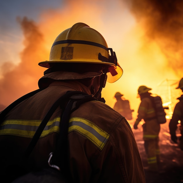 Un vigile del fuoco medio che cerca di spegnere un incendio