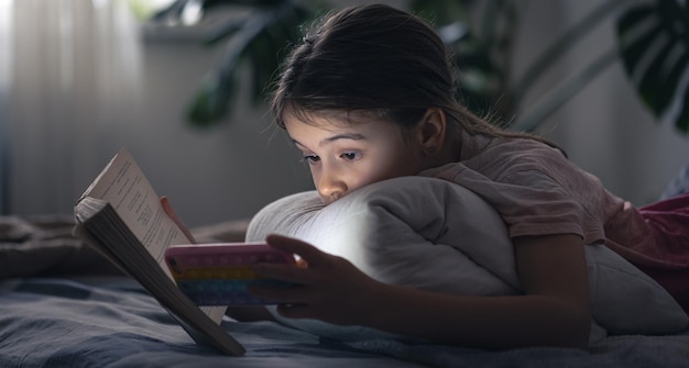 Una bambina usa il telefono con un libro in mano