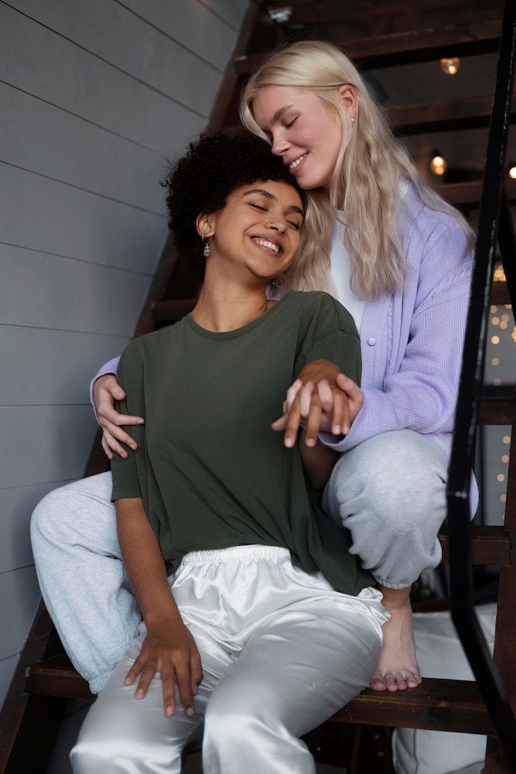 Foto gratuito una bella coppia lesbica è affettuoso a casa