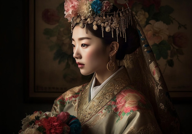 Una bella donna in abiti tradizionali dell'Asia orientale generati dall'intelligenza artificiale