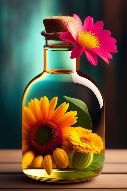 Una bottiglia con fiori e un fiore sopra