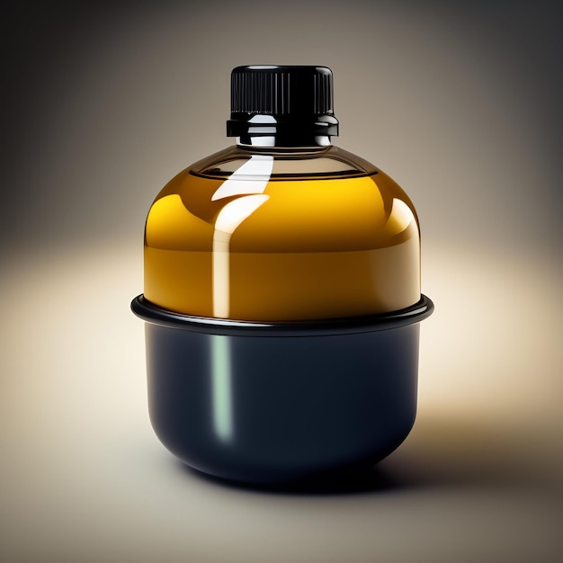 Una bottiglia gialla con un tappo nero si trova in un contenitore nero.