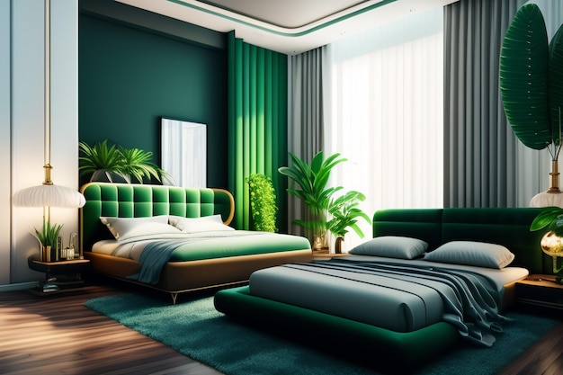 Una camera da letto con pareti verdi e un letto con tappeto verde e un letto con tappeto verde.