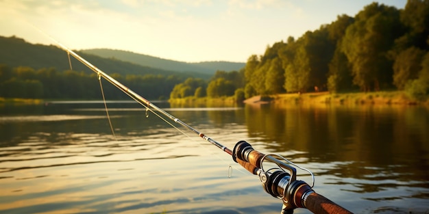 Una canna da pesca in primo piano con un lago tranquillo dietro