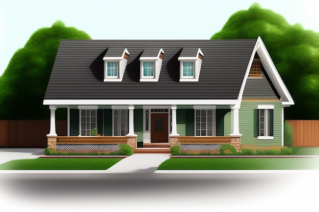 Una casa con un tetto verde e un tetto nero.