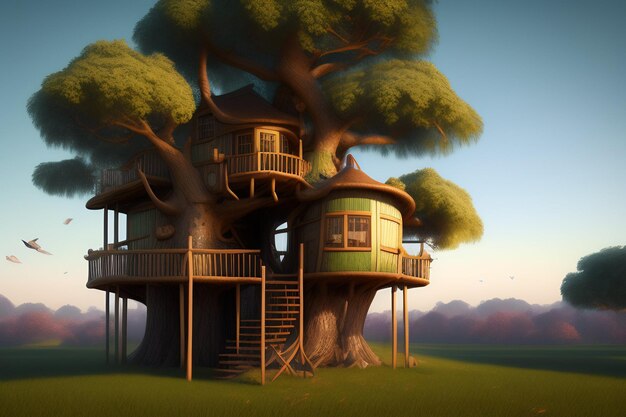 Una casa sull'albero con un balcone e un balcone.