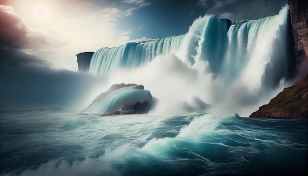 Una cascata con un cielo blu e nuvole