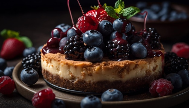 Una cheesecake con frutti di bosco in cima