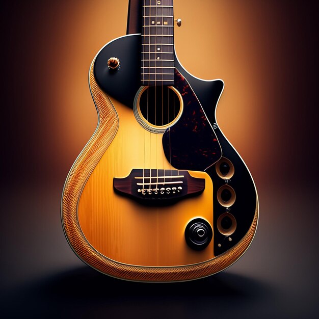 Una chitarra con una cornice nera e uno sfondo giallo.