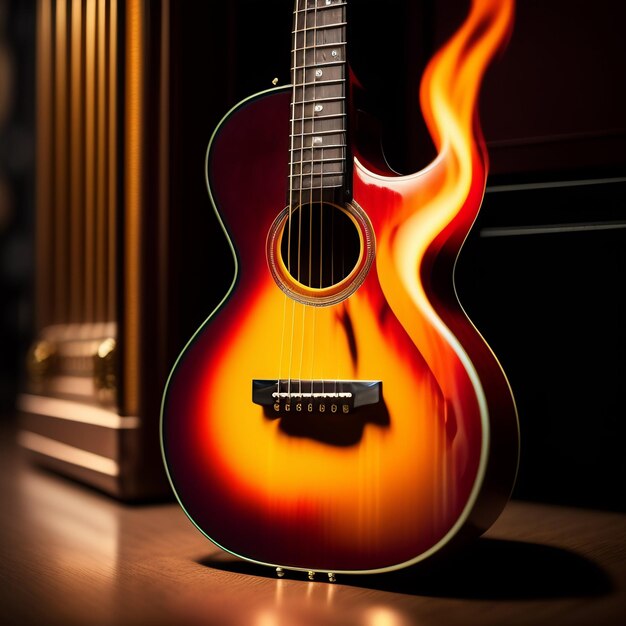 Una chitarra con una fiamma sopra è illuminata nell'oscurità.