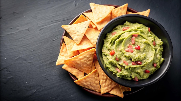 Foto gratuito una ciotola di guacamole con patatine di tortilla croccanti su uno sfondo scuro