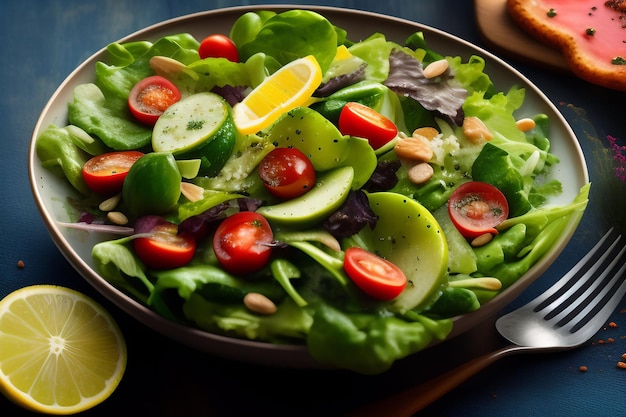 Una ciotola di insalata con uno spicchio di limone e uno spicchio di limone sul lato.