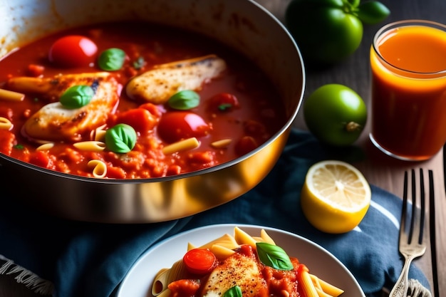 Una ciotola di pasta con pollo e salsa di pomodoro su un piatto.