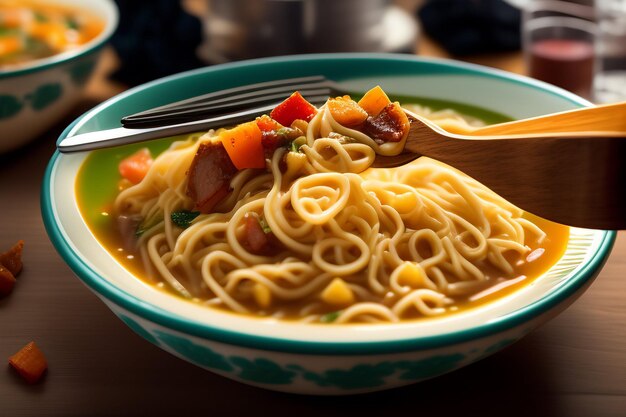 Una ciotola di tagliatelle con dentro una forchetta e una ciotola di tagliatelle con dentro un cucchiaio.