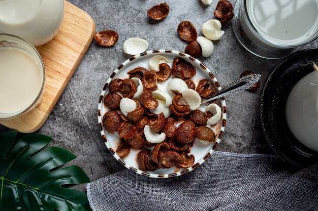 Una colazione a base di cereali, cereali al cioccolato e latte.