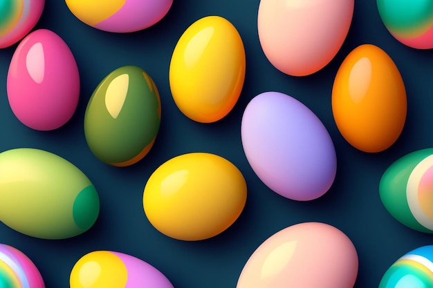 Una collezione colorata di uova colorate su uno sfondo scuro.