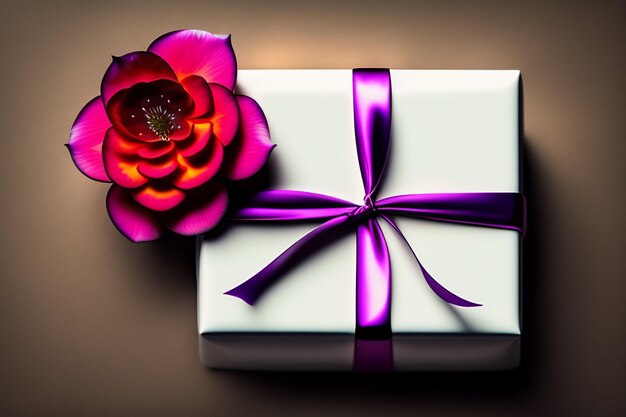Una confezione regalo bianca con sopra un fiore viola e un nastro viola