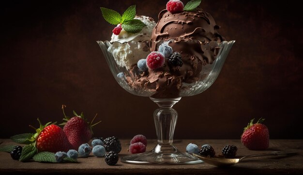 Una coppa di gelato al cioccolato con frutti di bosco in cima.